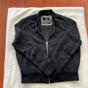 The Kooples SS19 Black Satin Bomber Jacket Size Medium in Black Animal Print
